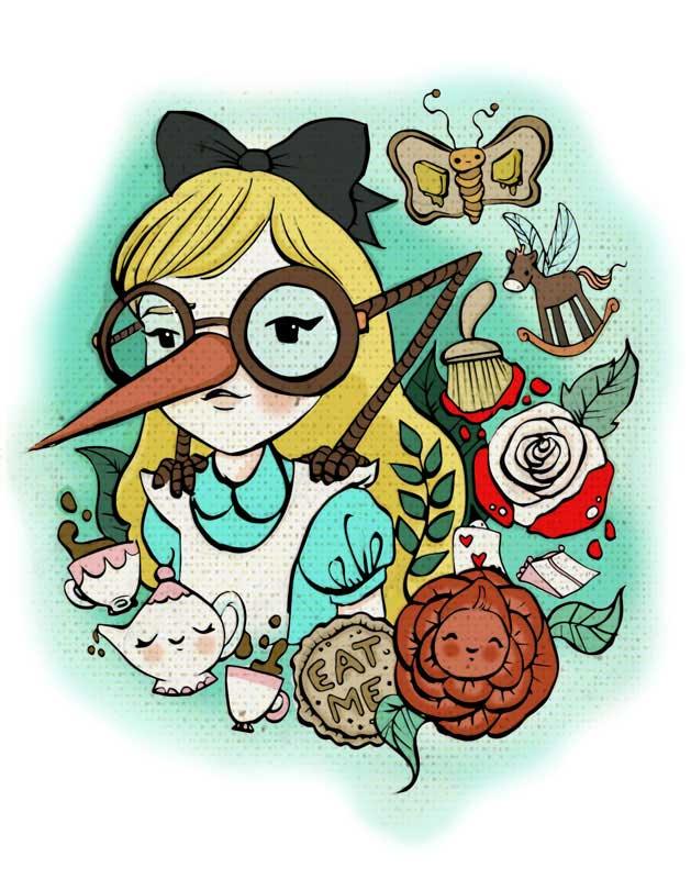 Whimsical Alice in Wonderland illustration with tea set, Eat Me cookie, and magical elements