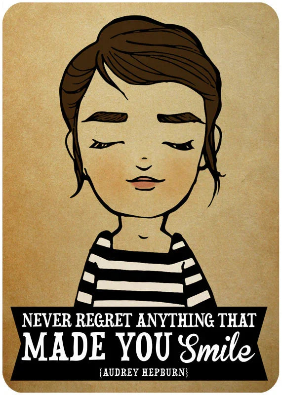 Whimsical Audrey Hepburn illustration in striped shirt with quote, 'Never regret anything that made you smile.'