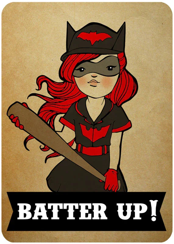 Whimsical BatWoman illustration with red hair, black costume, holding bat, text 'Batter Up!'