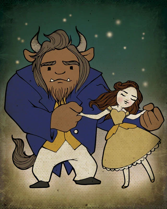 Whimsical Beauty and the Beast illustration dancing in formal attire under starry sky