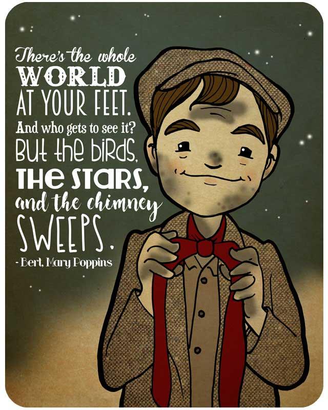 Whimsical illustration of Bert from Mary Poppins adjusting his red scarf, with quote in starry night background.