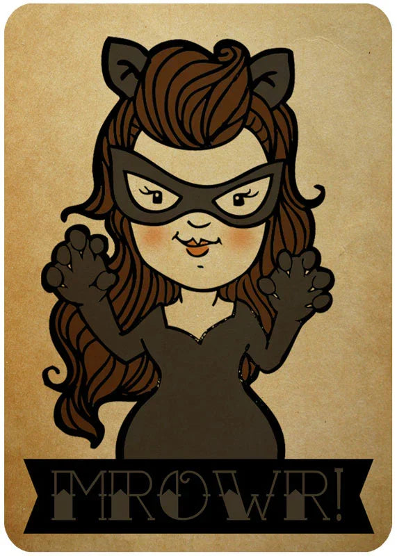 Cartoon illustration of Cat Woman in a black costume with cat ears and mask, saying 'MROWR!'