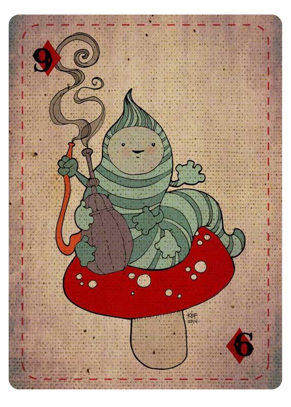 Whimsical striped caterpillar smoking hookah on red mushroom, playing card style illustration
