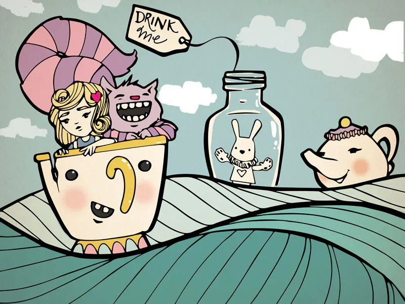 Whimsical Chip in Wonderland teacup art with Alice, Cheshire Cat, and rabbit in a jar