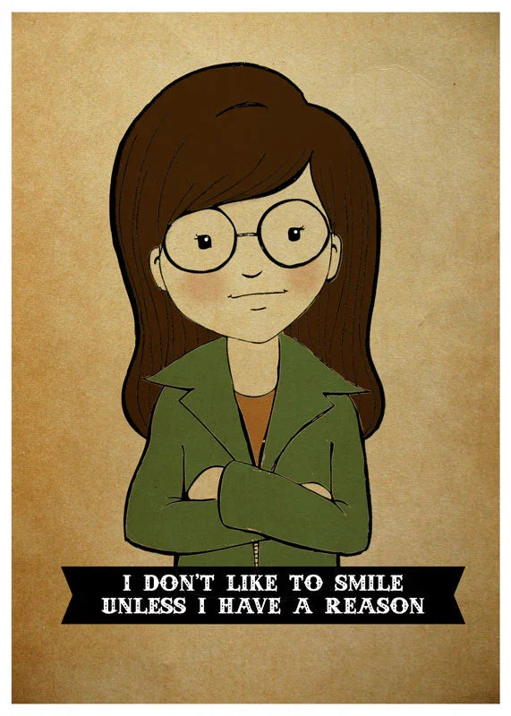 Daria Morgendorffer illustration with glasses, green jacket, and quote, on brown paper background