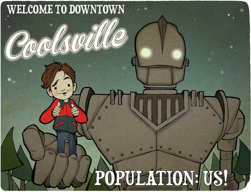 Cartoon Iron Giant holding a smiling boy with thumb up, text reads 'Welcome to Downtown Coolsville'