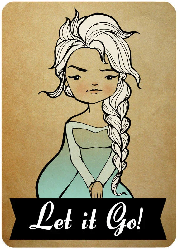 Whimsical Elsa illustration with braided hair, icy blue dress, and 'Let it Go' text on tan background