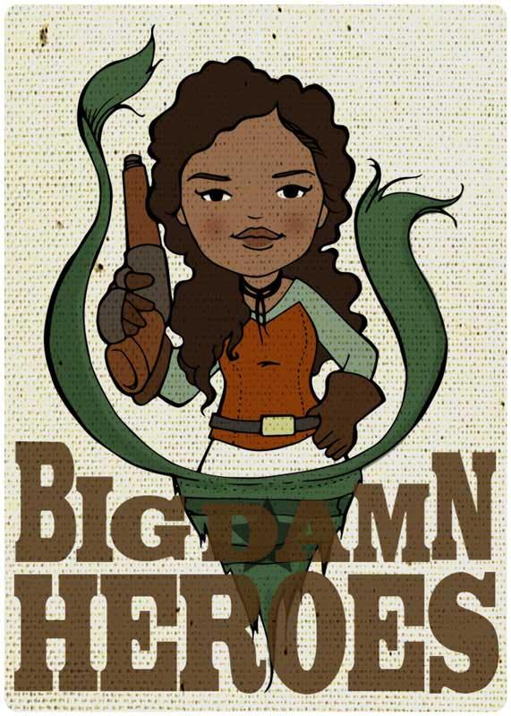 Firefly Zoe Washburn cartoon illustration, holding a weapon, with 'Big Damn Heroes' text.