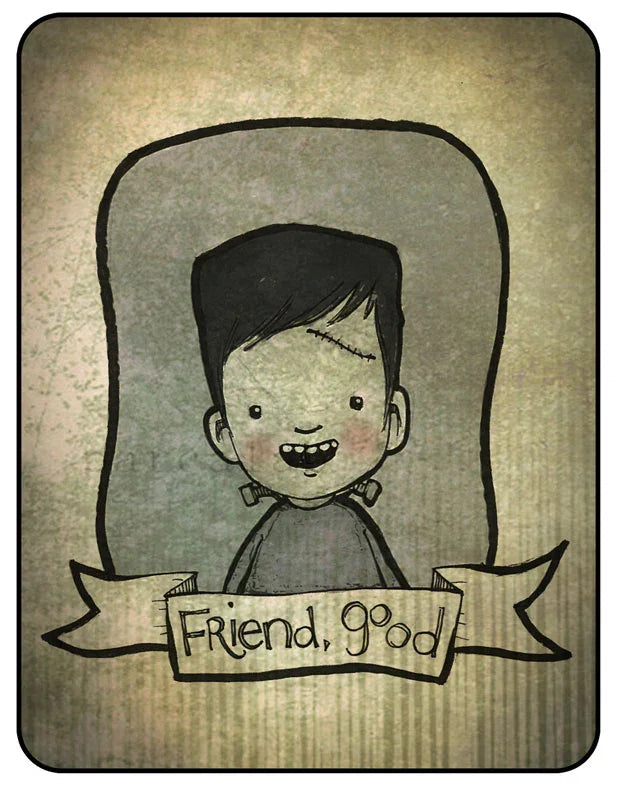 Whimsical illustration of a smiling boy with a stitched forehead, banner reads 'Friend, good'.