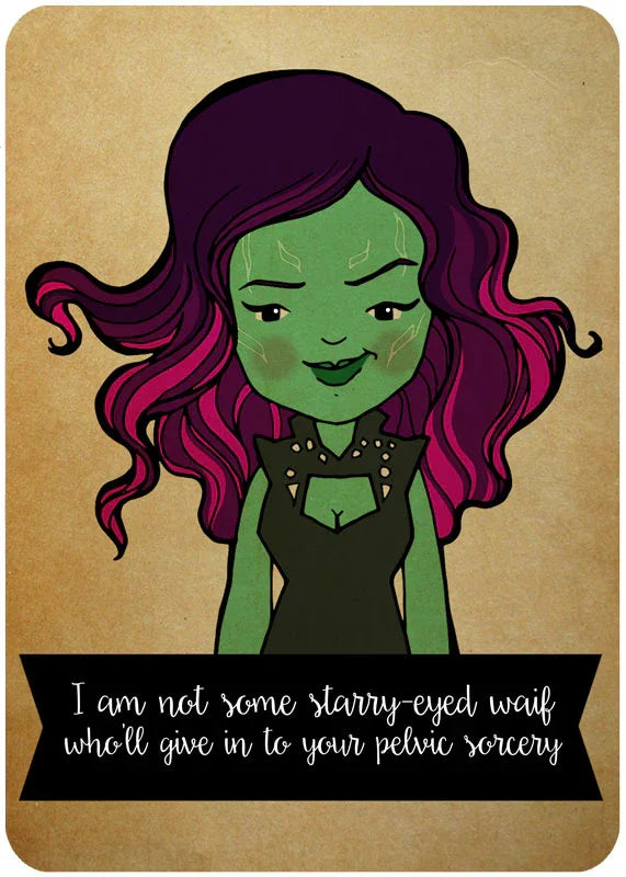 Whimsical illustration of Gamora with green skin, purple hair, and a sassy quote banner.