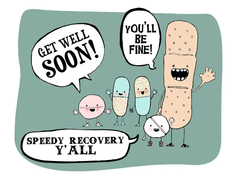 Whimsical cartoon bandage and pill characters with speech bubbles saying get well soon, speedy recovery.