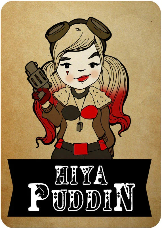 Cute illustrated Harley Quinn with pigtails, aviator goggles, toy gun, and 'Hiya Puddin' text