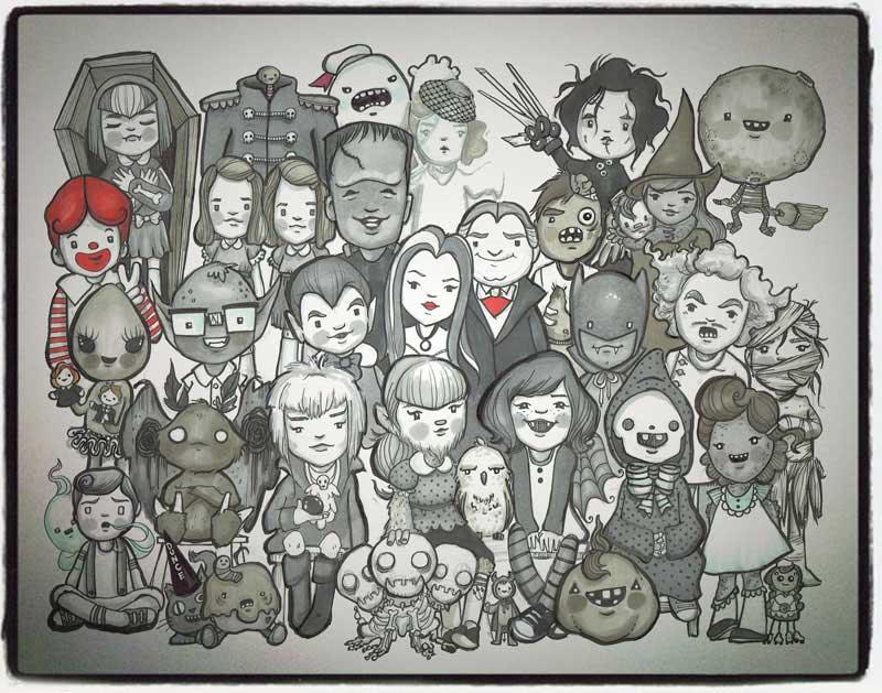 Whimsical illustrated group portrait featuring iconic characters from spooky and fantasy films, Inktober Class of 2017.