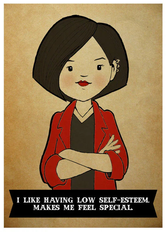 Jane Lane illustration with arms crossed in red jacket, witty quote on tan background