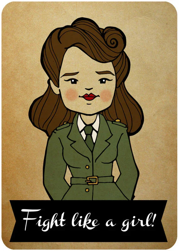 Peggy Carter illustration in a green military uniform with 'Fight like a girl!' text