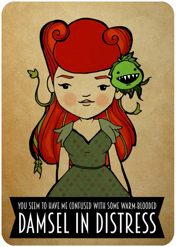 Poison Ivy cartoon illustration with red hair, green dress, and friendly plant companion