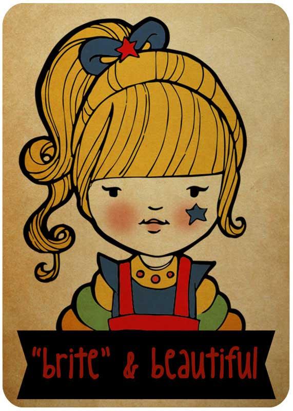 Whimsical Rainbow Brite illustration with star cheek, ponytail, and red overalls