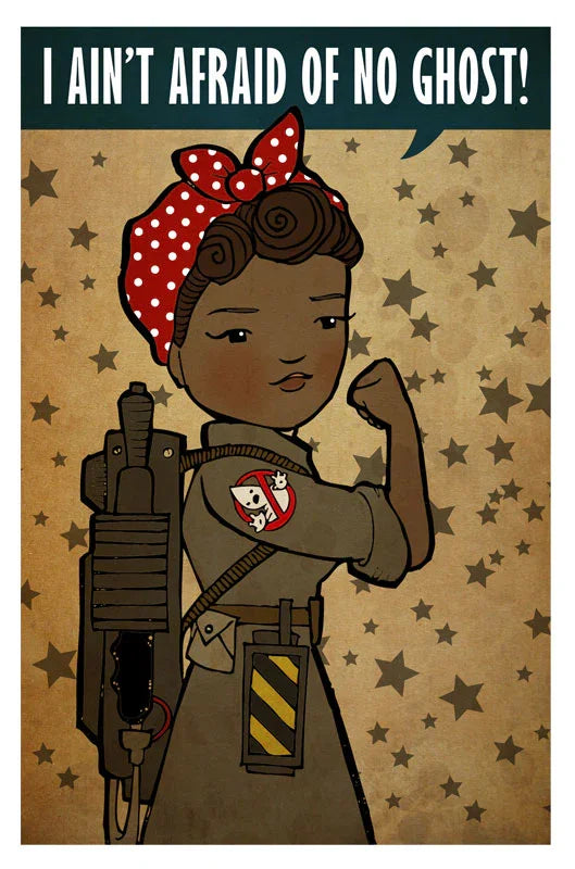 Rosie the Ghostbuster art print, retro style woman in jumpsuit and proton pack, flexing arm
