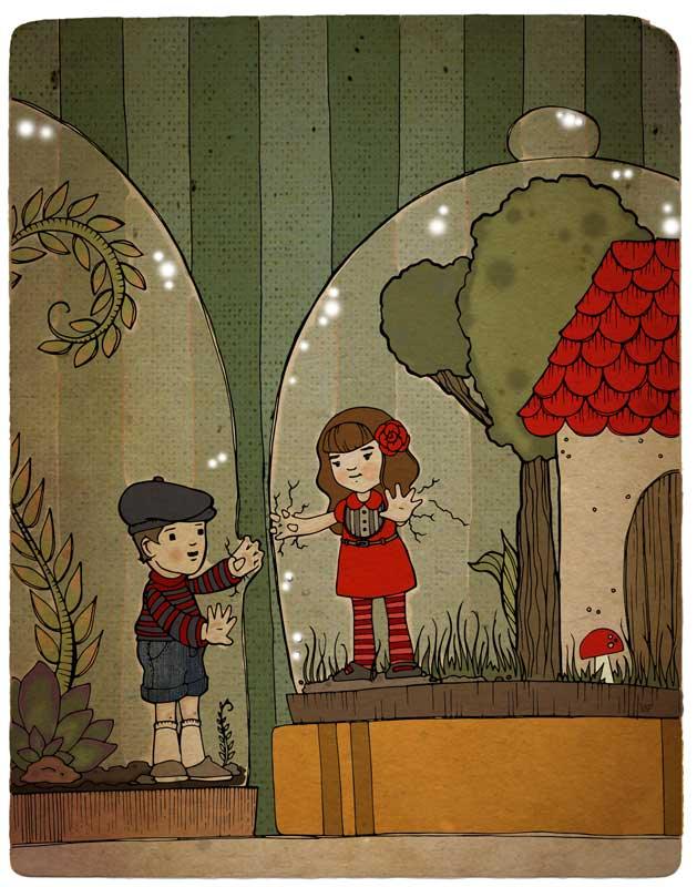 Whimsical illustration of a boy and girl in separate terrariums, reaching for each other