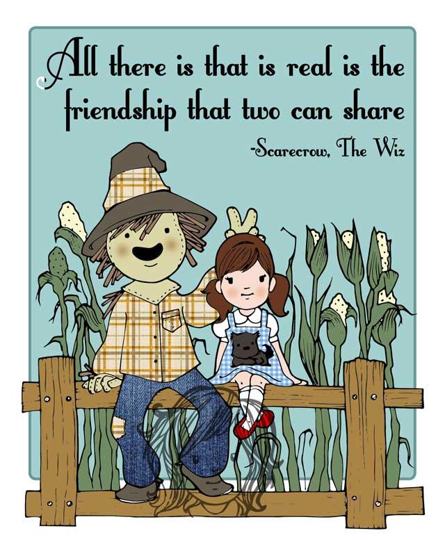 The Wiz greeting card with a cute scarecrow and girl on a fence, cornfield background, friendship quote.