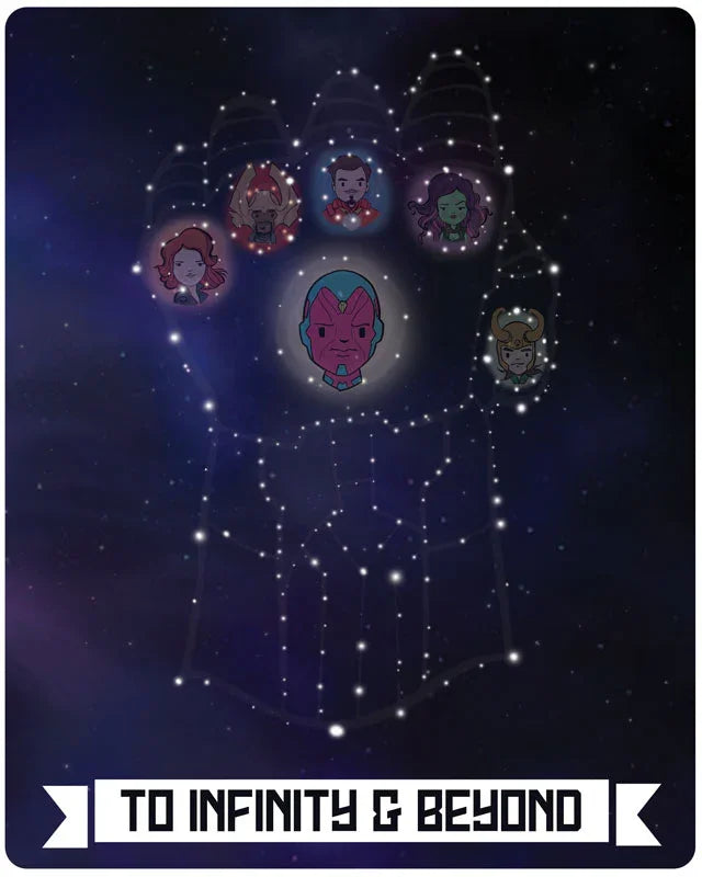 Starry gauntlet constellation with cartoon superheroes and 'To Infinity & Beyond' text