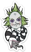 Beetlejuice sticker with whimsical illustration, green hair, striped suit, holding guide book