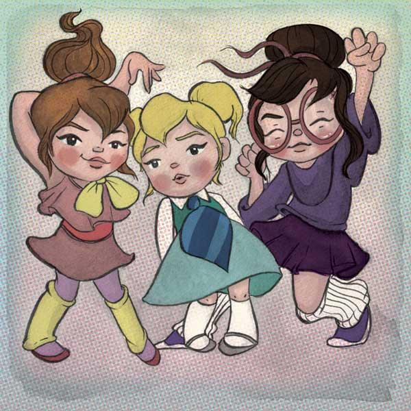 Whimsical Chipettes illustration with three girls in colorful outfits striking playful poses