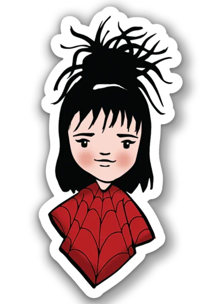 Cute Lydia sticker with messy black hair and red spiderweb-patterned top, cartoon art