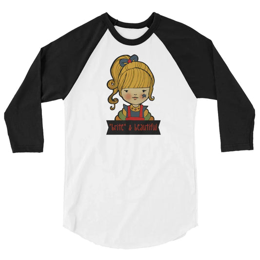 Raglan shirt with whimsical girl illustration and 'brite & beautiful' text, black sleeves