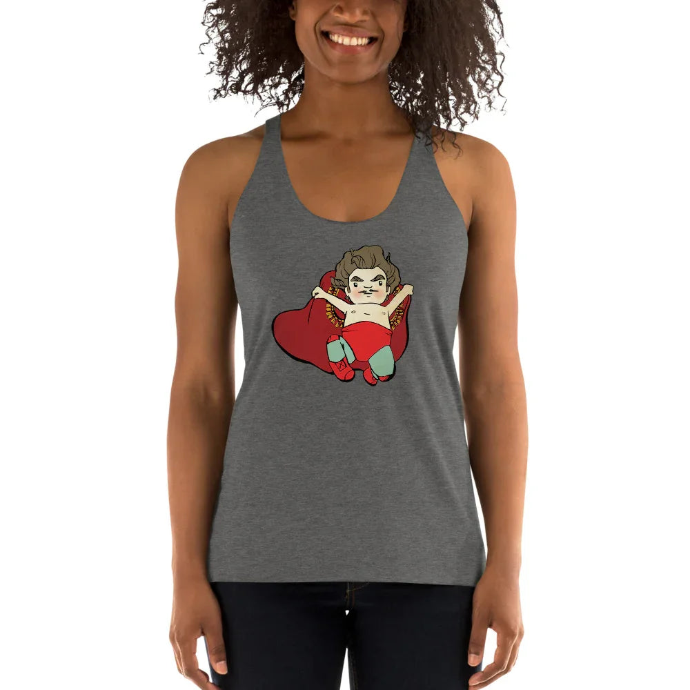 Grey racerback tank top with whimsical Nacho Libre cartoon illustration