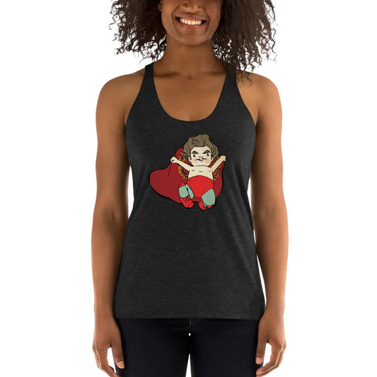 Woman wearing racerback tank with whimsical luchador cartoon illustration