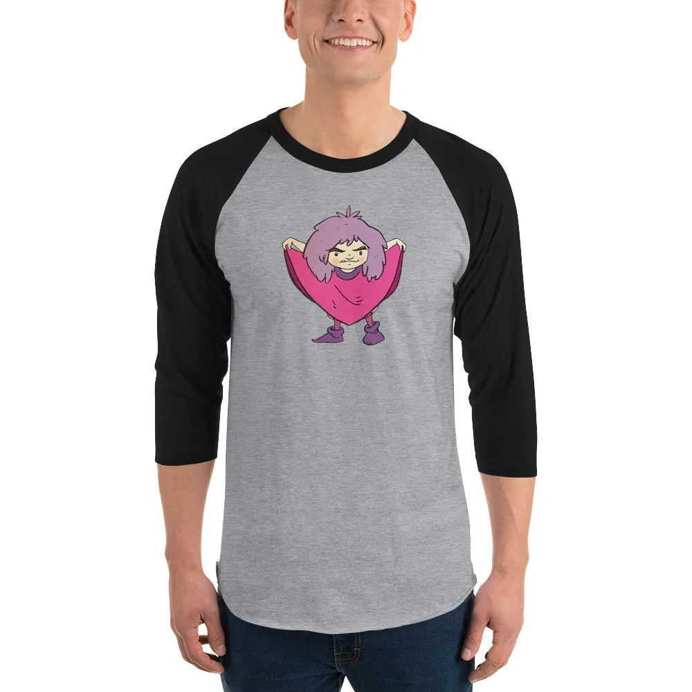 Raglan shirt with whimsical purple-haired character in pink outfit illustration