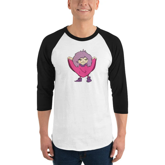 Baseball tee with whimsical girl in pink sweater cartoon by Kelley Frisby