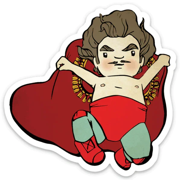 Nacho Libre cartoon sticker with cape, boots, and wrestling costume in playful pose