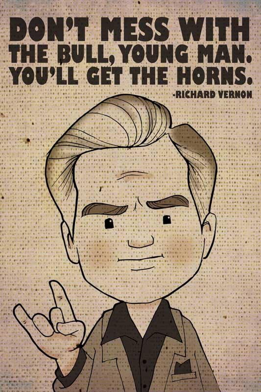Richard Vernon cartoon art with quote, hand making horns gesture, vintage illustration style