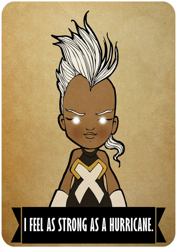 Whimsical Storm illustration with glowing eyes, mohawk, superhero costume, and bold quote.