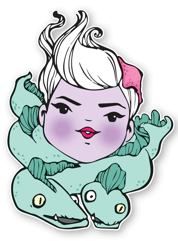 Ursela sticker featuring a whimsical purple character with white hair, pink bow, and green sea creatures.
